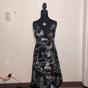 Goth esprit black floral midi dress with a tie around the waist to snatch waist